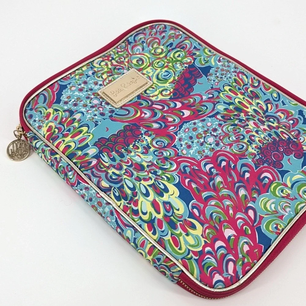 Lilly Pulitzer Tech Organizer Case Peacock Print Gold Trim Tablet Folio 12x9.5
